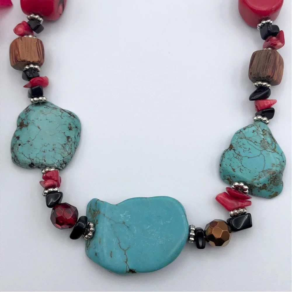 Southwestern Faux Turquoise Faux Bamboo Coral Stone Chip Collar Necklace 17” - Picture 7 of 17